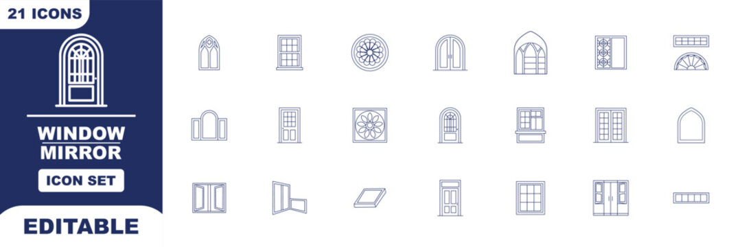 Plastic window icon set representing home and office windows, frames, glass panes, installation, architecture, construction, energy efficiency and building components in clean outline vector style.