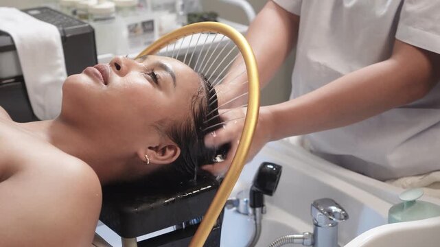 Woman receiving aqua ring water halo scalp massage and rinse at a Japanese head spa for scalp cleansing, relaxation, hydration, and soothing hair therapy.