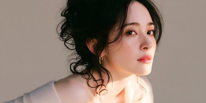 Elegant Asian woman with messy bun hairstyle, beautiful young female portrait with soft lighting, sophisticated lady in studio