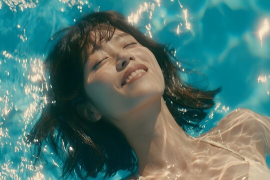 Young woman with closed eyes smiling while floating peacefully in clear blue swimming pool water during a bright summer day