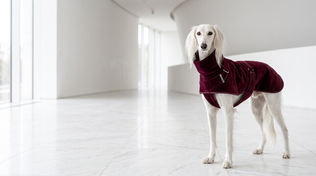 Majestic white Saluki sighthound dog wearing tailored burgundy velvet high-collar fashion coat in minimalist white marble gallery. Luxurious cinematic daylight editorial style portrait with copy space