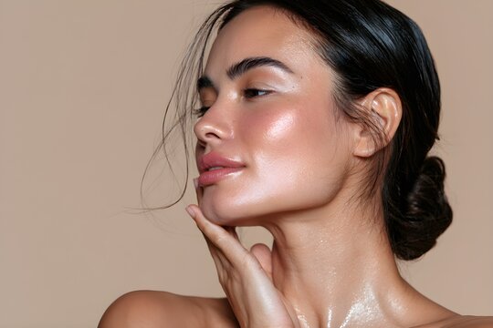 Beautiful young woman with glowing skin poses for a portrait highlighting natural makeup and soft lighting on beige studio background