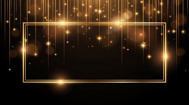 Golden frame with sparkling light particles and glowing stars on a dark background luxury festive border for invitations, greeting cards, and banners