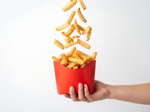 Hand holding a red carton of crinklecut french fries with more fries falling into the container isolated on white background