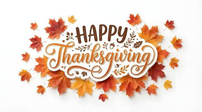 A beautiful decorative design featuring the text happy thanksgiving surrounded by vibrant autumn maple leaves isolated on a clean white background for seasonal holiday greeting