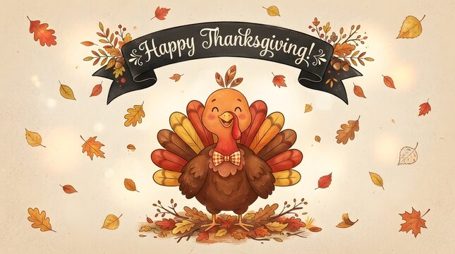 A cute cartoon turkey standing in autumn leaves with a festive banner wishing everyone a happy thanksgiving celebration during the fall harvest holiday season event