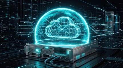 Futuristic cloud computing concept depicted as a glowing data center with a transparent cloud interface. © Jiraporn