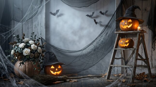 Spooky Halloween Scene with Carved Pumpkins, Bats, Cobwebs, and Floral Arrangement