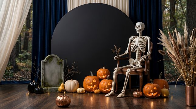 Spooky Halloween Scene Decoration with Skeleton and Jackolanterns on a Wooden Floor