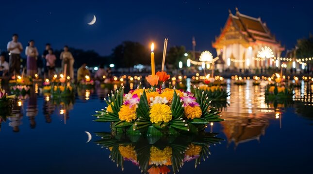 Traditional Thai Festival Night Scene with Floating Lanterns and Temple Background