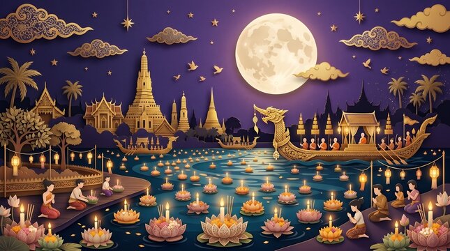 Beautiful Thai Festival Scene with Full Moon, Lanterns, and Floating Flowers on Water