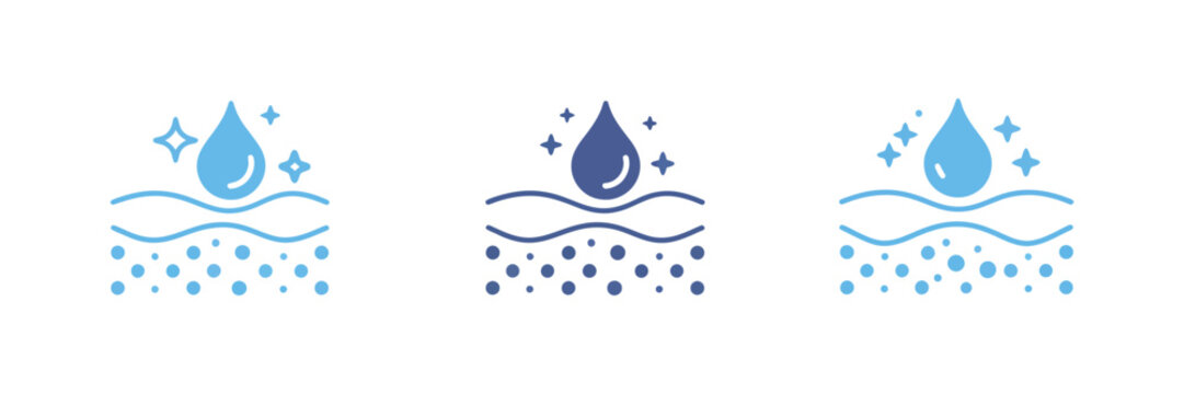 Skin hydration icons showing moisture absorption, water droplets penetrating dermal layers, skincare treatment, and cosmetic vector illustration