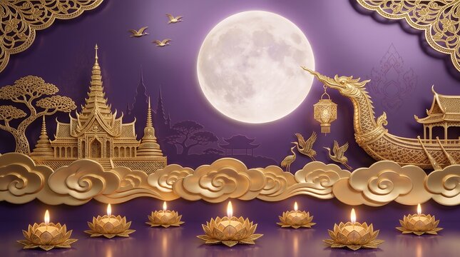 Ornate Golden Thai Temple Architecture and Dragon Boat Scene with Full Moon and Lotus Candles