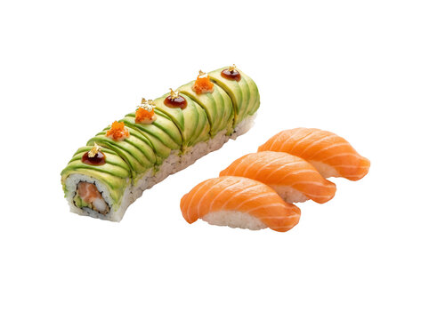 Salmon Nigiri and Avocado Dragon Roll Sushi Topped with Tobiko and Gold Leaf Isolated on Black Background for Japanese Restaurant Menu