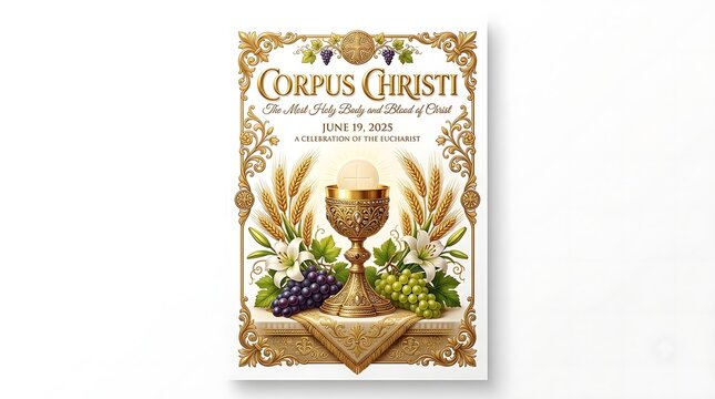 Corpus Christi religious poster design. Eucharist chalice with golden wheat and grapes.