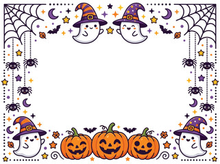 Fototapeta premium Cute Halloween border frame with cartoon ghosts, pumpkins, and spiders vector illustration on white background.