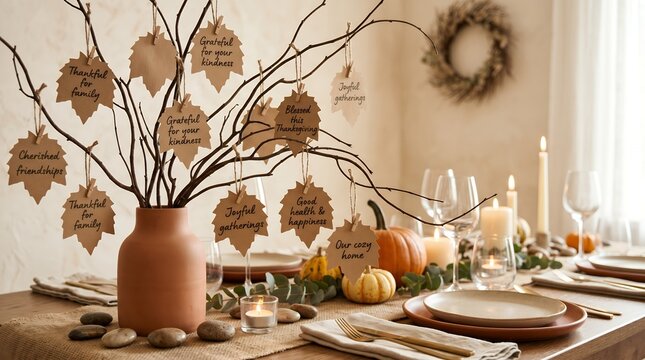 Autumn Harvest Thanksgiving Table Setting with Gratitude Leaves and Candles