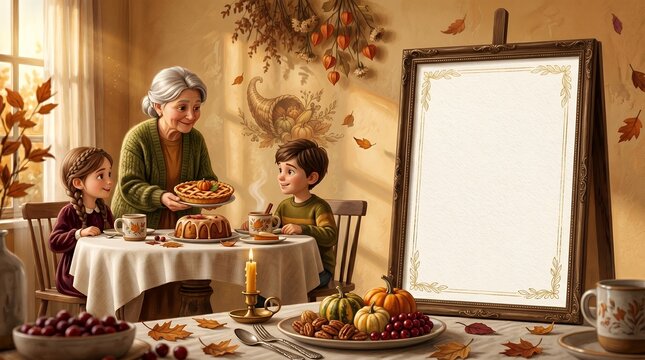 Whimsical Autumn Family Gathering Celebrating Thanksgiving with Festive Table Setting and Framed Artwork