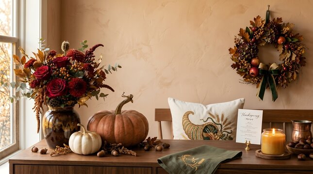 Autumn Harvest Thanksgiving Decorative Table Arrangement with Festive Wreath and Candle