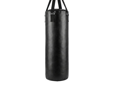 Black Leather Punching Bag Heavy MMA Boxing Bag with Hanging Straps Isolated on Black Background for Combat Sports Training and Fitness Mockup