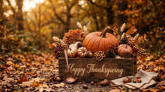 Rustic Wooden Crate Filled With Autumn Harvest Pumpkins and Fall Decorations Greeting Happy Thanksgiving