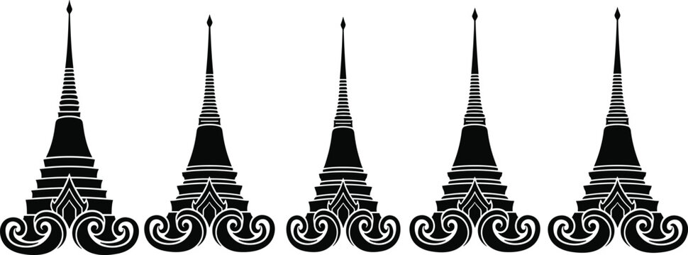 Black silhouette of a row of traditional Thai Buddhist pagodas or stupas isolated on a white background for Thailand travel culture and religious concepts