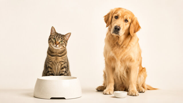 Golden retriever and tabby cat sitting beside a pet food bowl on a clean beige studio background. Ideal for pet nutrition, veterinary care, adoption and advertising.