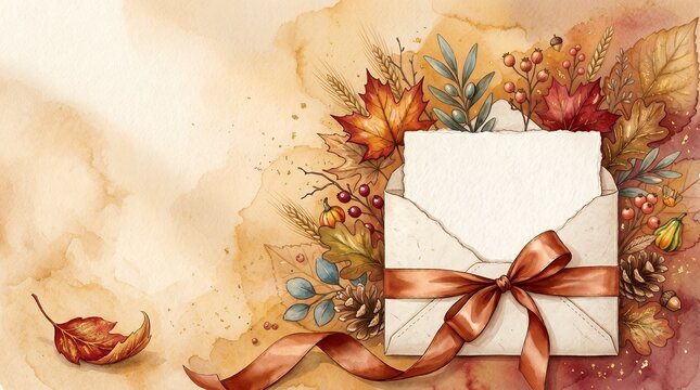 Watercolor Autumn Harvest Envelope with Seasonal Foliage and Ribbon Decoration