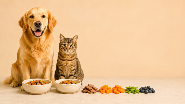 Golden retriever and tabby cat sitting beside pet food bowls and fresh ingredients on a warm peach background. Ideal for pet nutrition, healthy diet and advertising.
