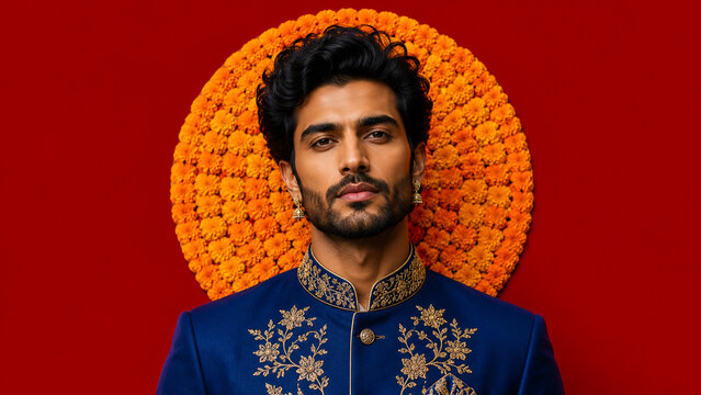 Elegant man in an embroidered blue traditional jacket posing before a circular marigold backdrop on red. Ideal for fashion, wedding, festival, luxury and cultural advertising.