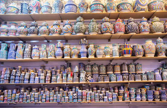 Traditional crafts and souvenirs on market in Morocco
