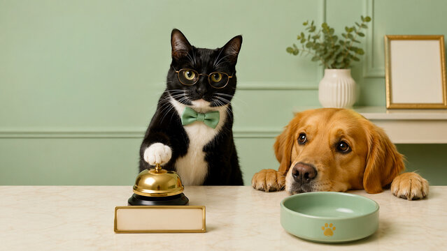 Black and white cat ringing a service bell beside a golden retriever and empty food bowl in a modern green interior. Ideal for pet food, care and humorous advertising.