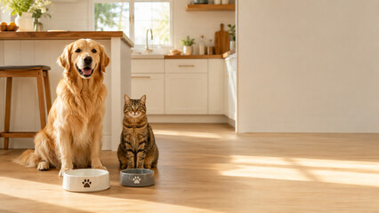 Obraz na płótnie Canvas Golden retriever and tabby cat sitting beside pet food bowls in a bright modern kitchen with copy space. Ideal for pet nutrition, veterinary, home and lifestyle advertising.