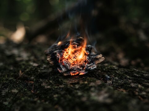 Small campfire burning on the forest floor with smoke rising.