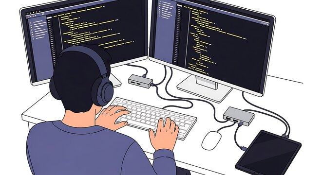 Developer coding on dual monitors with headphones at desk