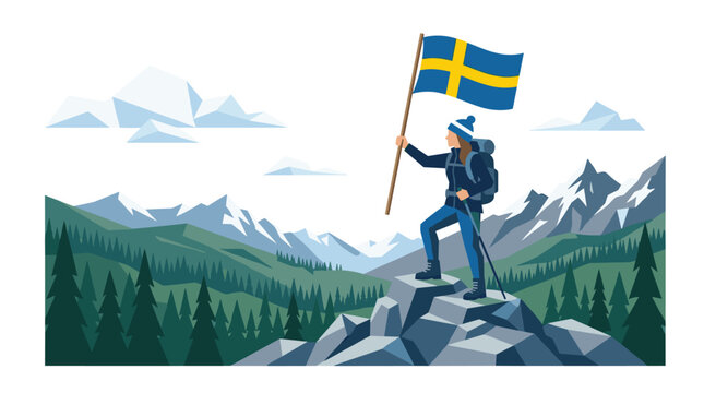 Explorer holding Swedish flag on mountain peak vector illustration