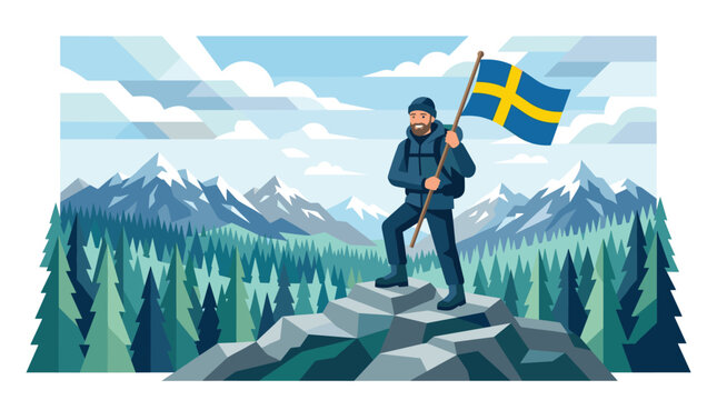 Explorer holding Swedish flag on mountain peak vector design