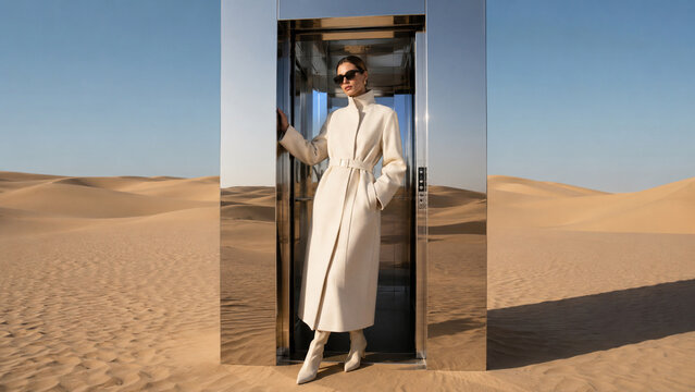Surreal fashion portrait of a woman in a white coat standing inside a mirrored elevator in desert dunes. Ideal for editorial, luxury, travel and creative advertising.