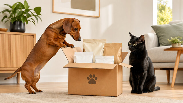 Curious dachshund exploring an open moving box beside a black cat in a bright modern living room. Ideal for pet care, moving, relocation, adoption and lifestyle advertising.