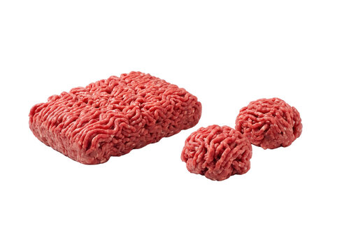 Raw ground beef block and minced meat portions isolated on black background for butcher shop advertising and culinary recipe design