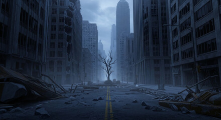 Obraz premium Ruined city street with damaged buildings, debris, and a lone bare tree symbolizing destruction and post-apocalyptic desolation.