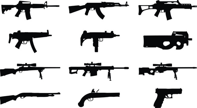 Firearm Silhouettes Collection Of Black Weapon Shapes On White Background
