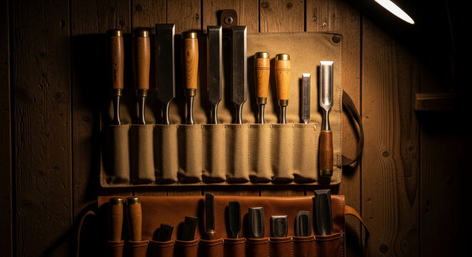 Collection of woodworking chisels neatly arranged in canvas and leather rolls, representing craftsmanship, skill, and artisanal creation