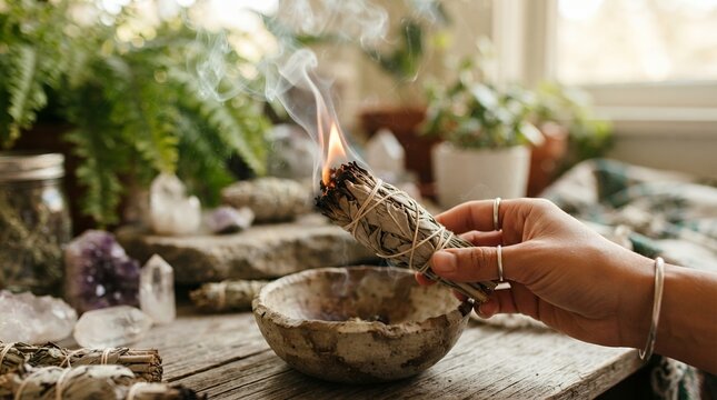 Woman holding burning sage smudge stick for cleansing ritual with crystals and plants.