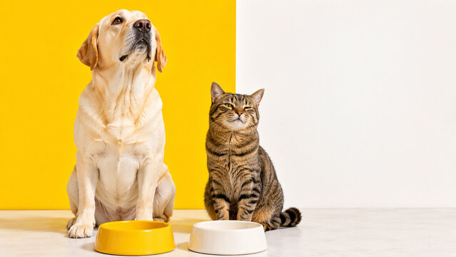 Golden retriever and tabby cat waiting beside empty pet food bowls on a white background. Ideal for pet nutrition, veterinary care, packaging and advertising.
