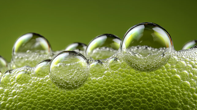 Extreme macro of delicate green soap foam, luxurious skincare cleansing texture, soft pastel green background