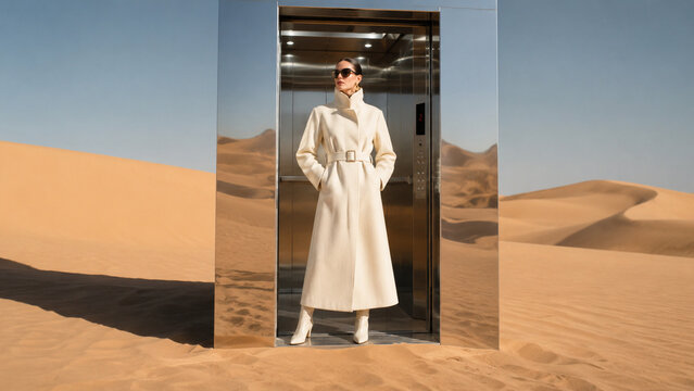 Surreal fashion portrait of a woman in a white coat standing inside a mirrored elevator in desert dunes. Ideal for editorial, luxury, travel and creative advertising.