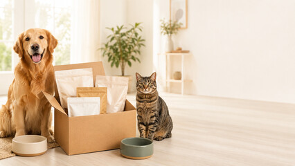 Obraz na płótnie Canvas Curious dachshund explores an open delivery box while a black cat watches in a bright modern home. Ideal for pet supplies, online retail, advertising and animal care.