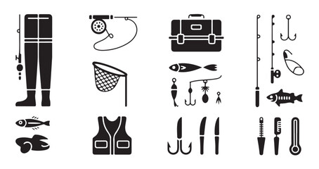 Comprehensive collection of fishing equipment icons including waders net tackle and vest. © MDNAZMUL