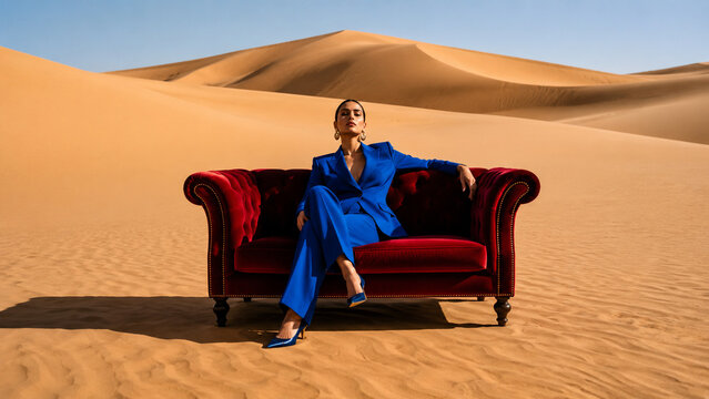 Fashion portrait of a woman in a blue suit seated on a red velvet sofa among desert dunes. Ideal for editorial, luxury, furniture and creative advertising.